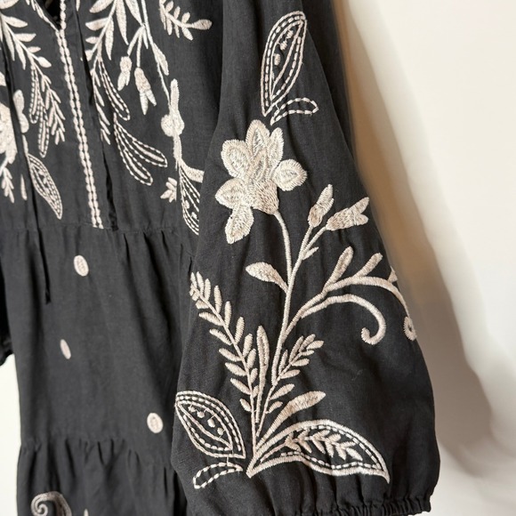 Johnny Was Black Linen Embroidered Frankie Tiered Field Dress Bird Boho Large - Picture 9 of 15